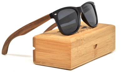 Mens and women polarized sunglasses with black acetate frame and walnut wood temples inside bamboo box