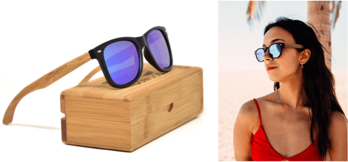 Mens and women polarized sunglasses with black acetate frame and bamboo wood temples inside bamboo box
