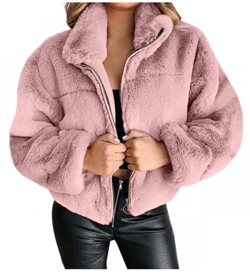 Lange Damen-Fleece-Jacke mit Kapuze und Teddybärenfell 