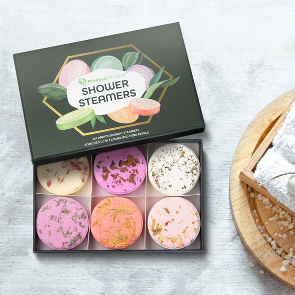 shower steamer tablets with pressed flowers