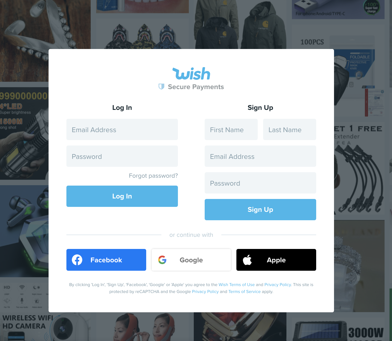 Opties voor aanmelden op Wish