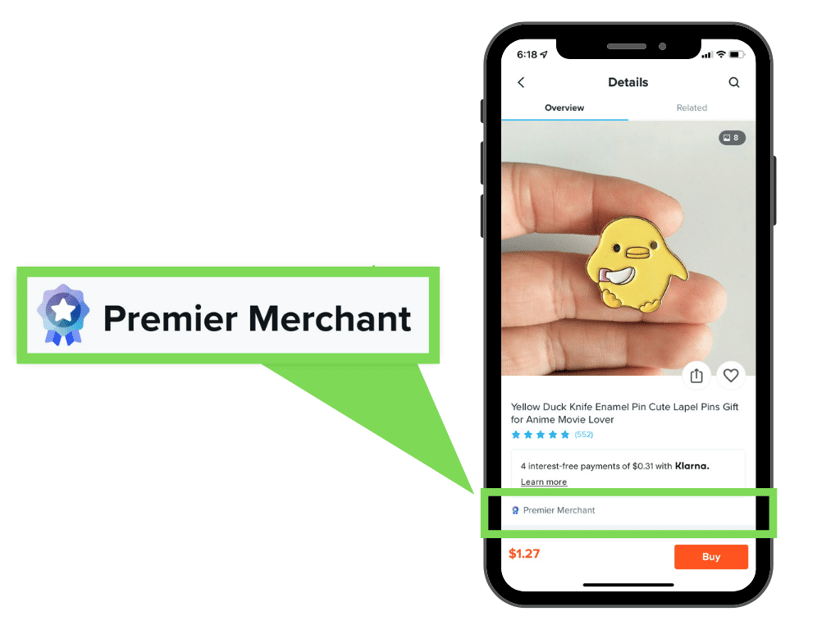Premier Merchant-märke på produktsidan hos Wish