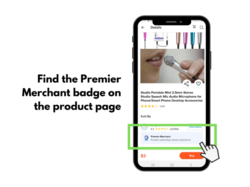 Phone screen with the Premier Merchant Badge on Wish