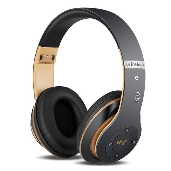 black and gold wireless headphones