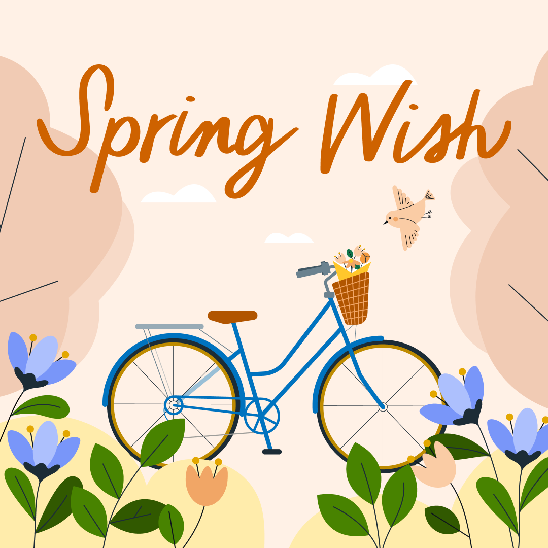 spring wish graphic with bike and flowers