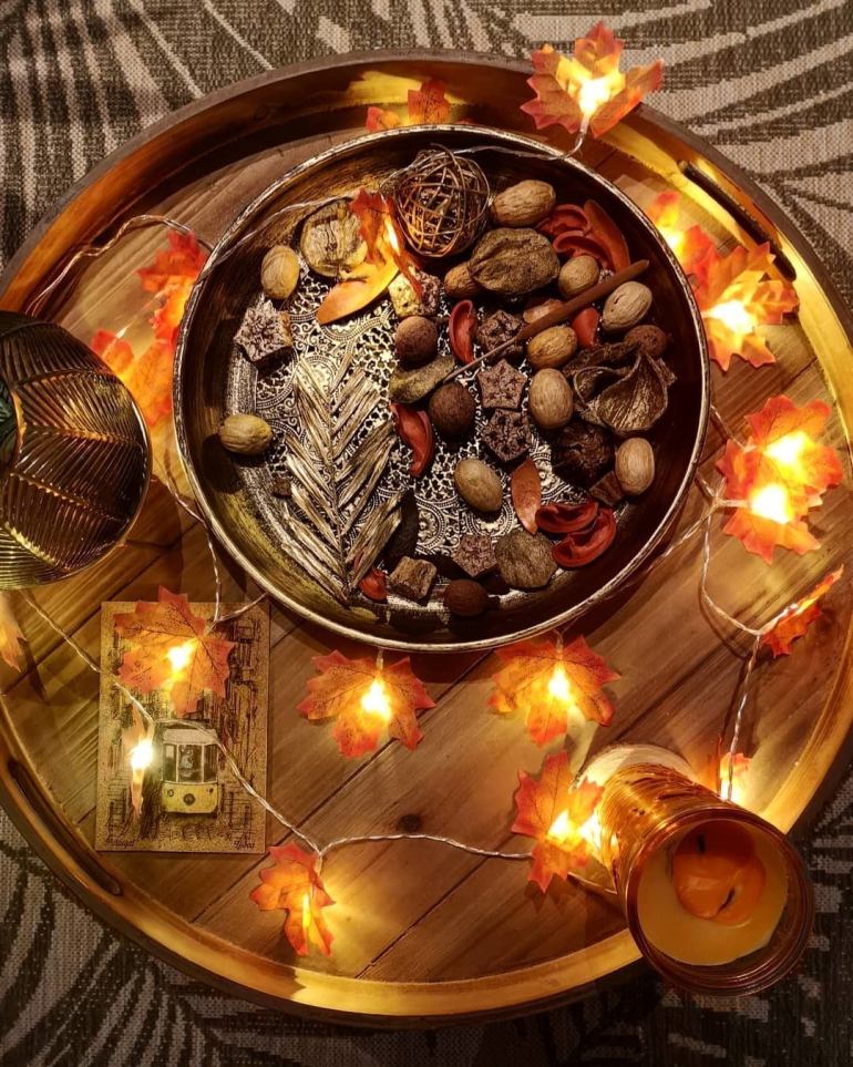 Gold Platter with Fall decorations