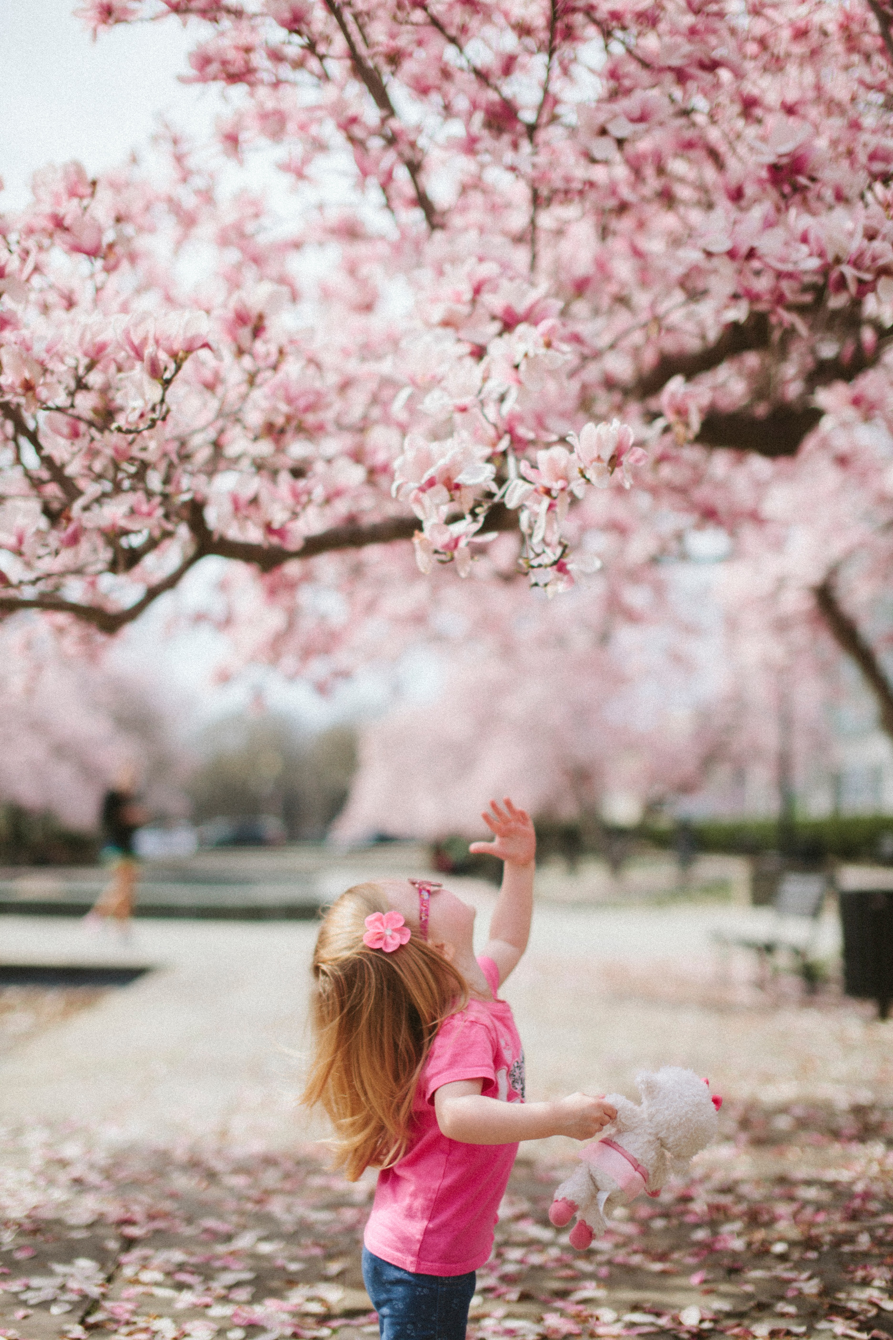 little girl reaching floral tree