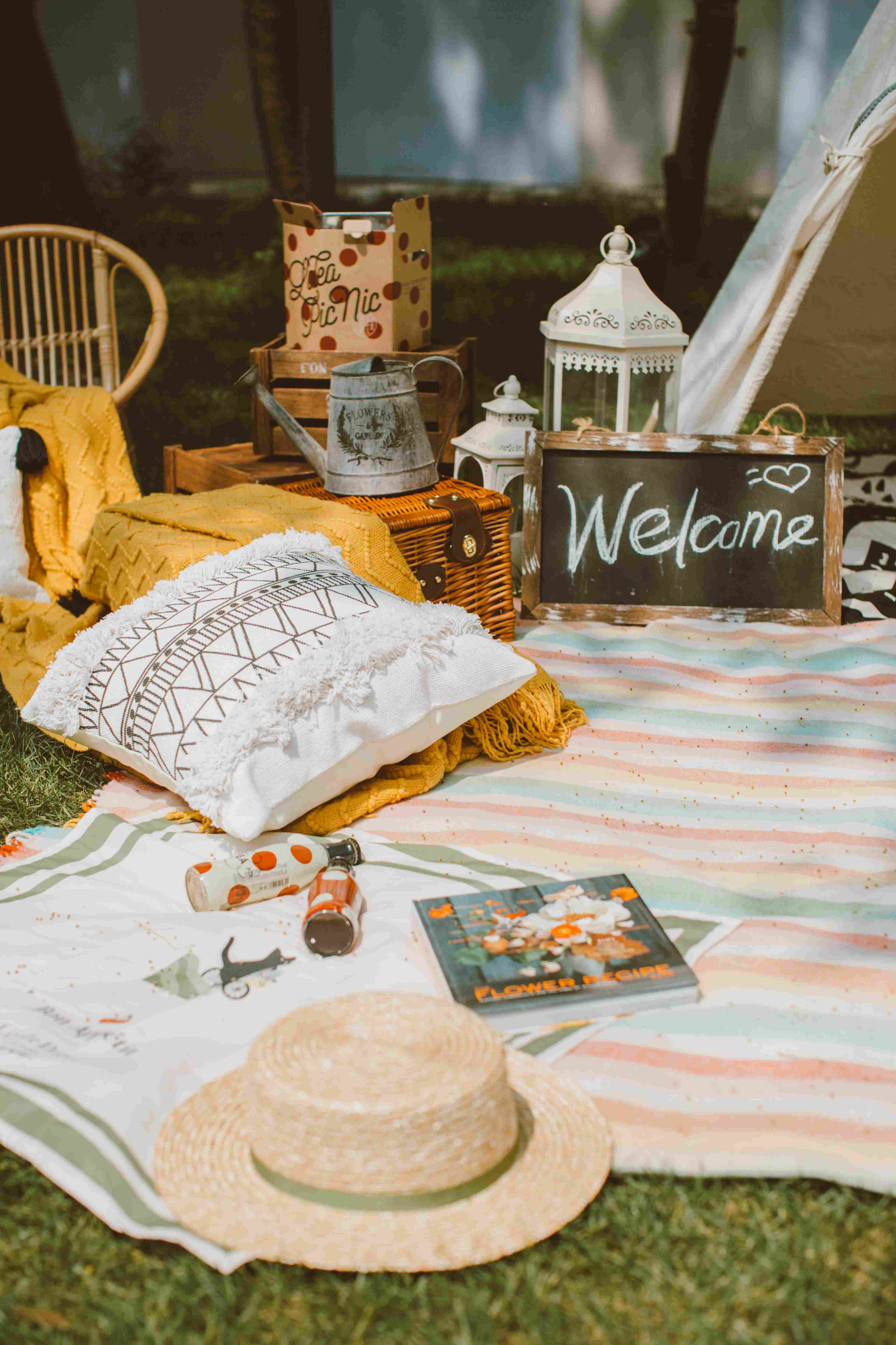 picnic scene with blankets and pillows and welcome board